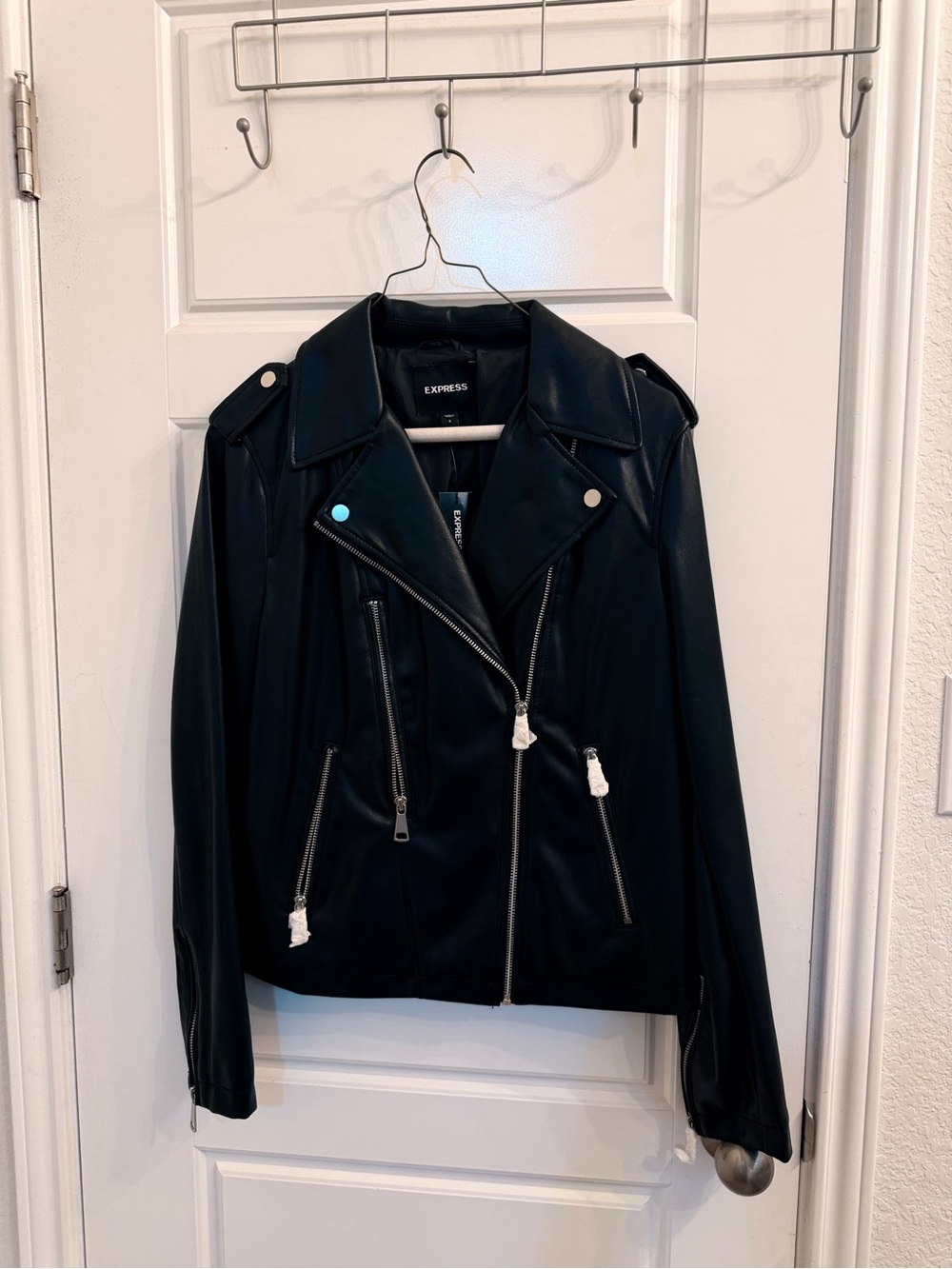 Express Black Faux Leather Moto Jacket with Zip Details